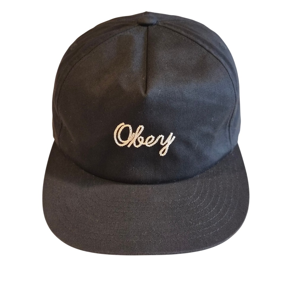 Obey Script Logo Snapback Hat Black Leather Strapback Yupoong Sample Cap